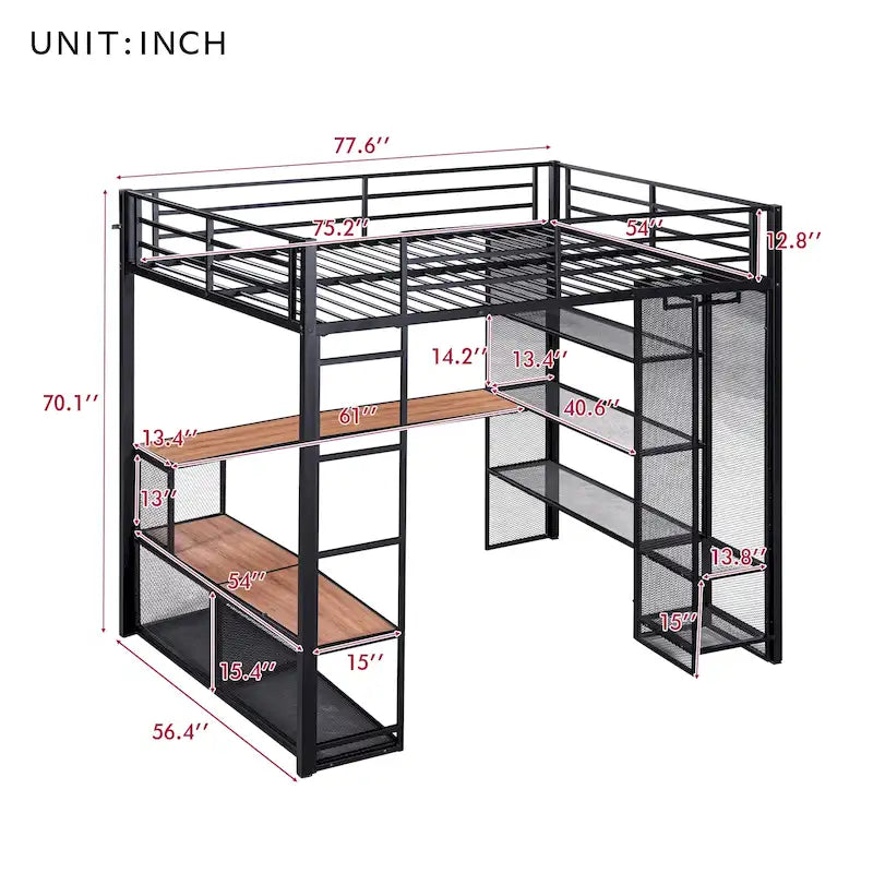 Lit mezzanine pleine grandeur en métal avec treillis en fer et étagères en MDF et armoire ouverte