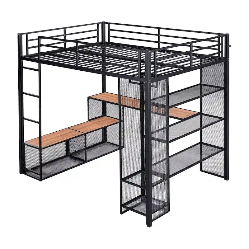 Lit mezzanine pleine grandeur en métal avec treillis en fer et étagères en MDF et armoire ouverte