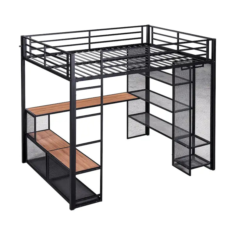 Lit mezzanine pleine grandeur en métal avec treillis en fer et étagères en MDF et armoire ouverte