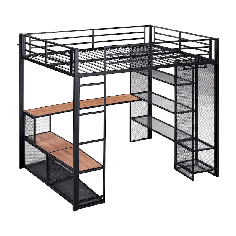 Lit mezzanine pleine grandeur en métal avec treillis en fer et étagères en MDF et armoire ouverte