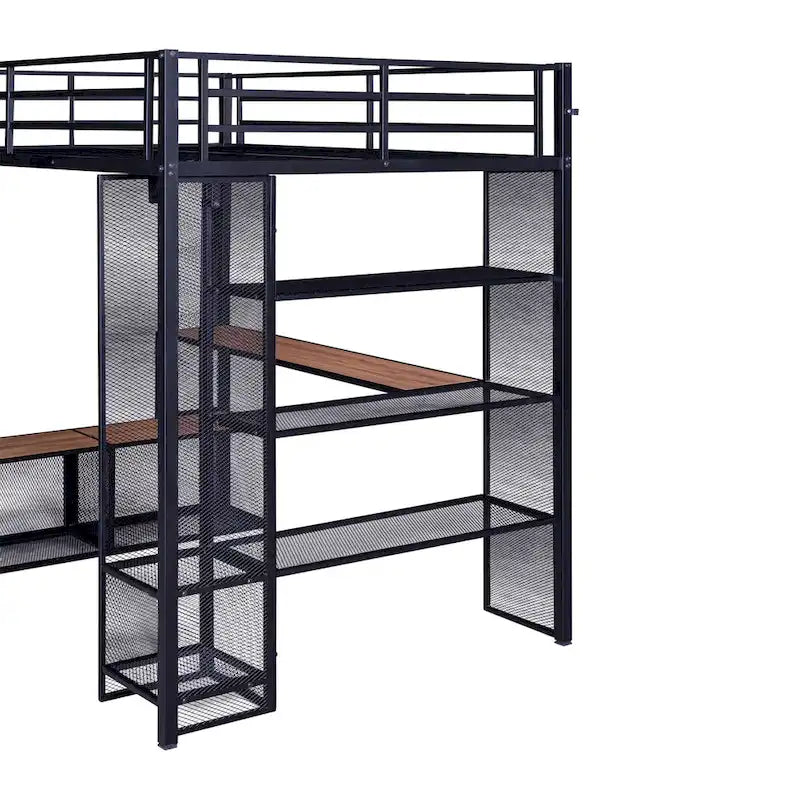 Lit mezzanine pleine grandeur en métal avec treillis en fer et étagères en MDF et armoire ouverte