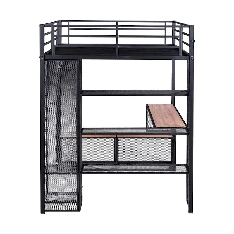 Lit mezzanine pleine grandeur en métal avec treillis en fer et étagères en MDF et armoire ouverte