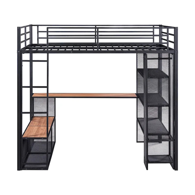Lit mezzanine pleine grandeur en métal avec treillis en fer et étagères en MDF et armoire ouverte