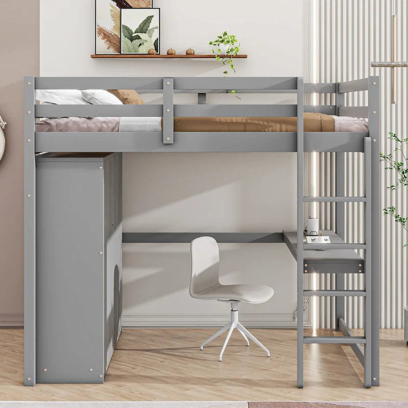 Lit mezzanine en bois double avec armoire, bureau, étagères de rangement et tiroirs intégrés