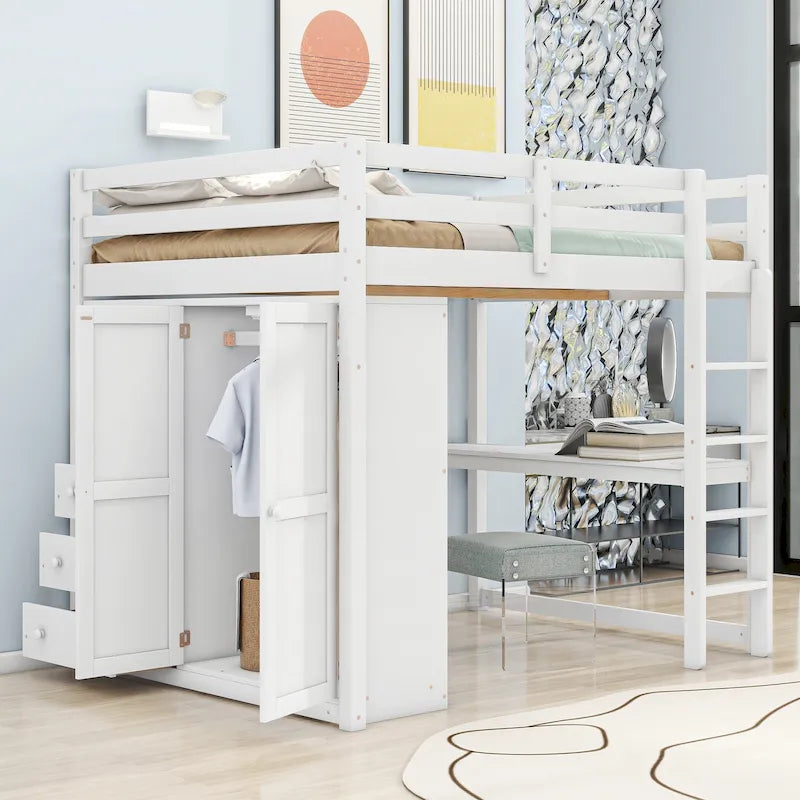 Lit mezzanine en bois double avec armoire, bureau, étagères de rangement et tiroirs intégrés