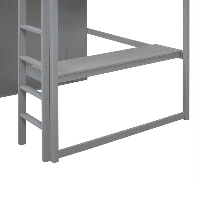 Wood Full Size Loft Bed with Built-in Wardrobe, Desk, Storage Shelves and Drawers