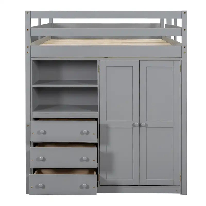 Lit mezzanine en bois double avec armoire, bureau, étagères de rangement et tiroirs intégrés