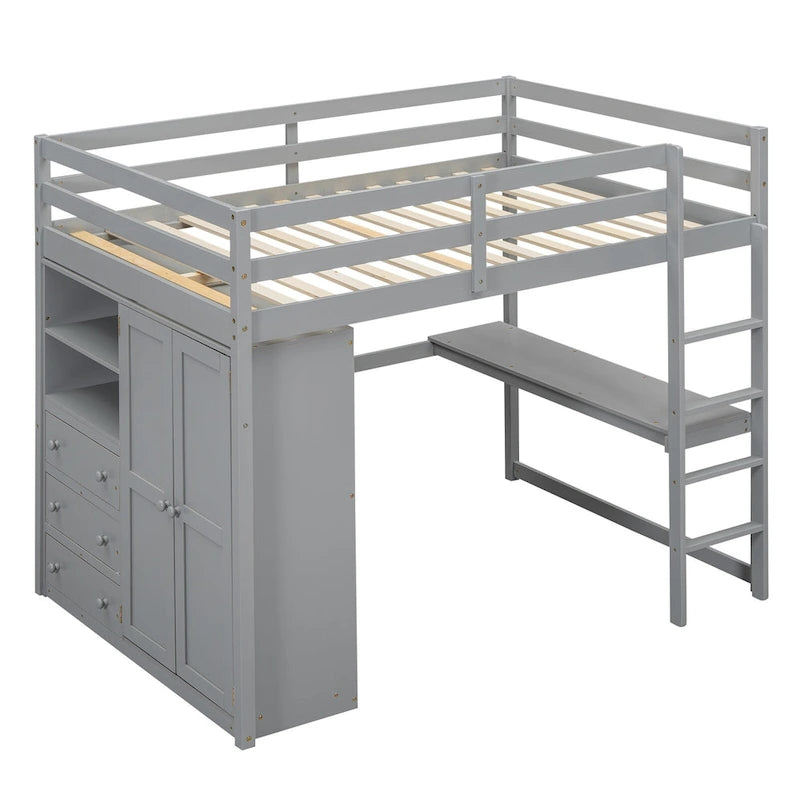 Lit mezzanine en bois double avec armoire, bureau, étagères de rangement et tiroirs intégrés