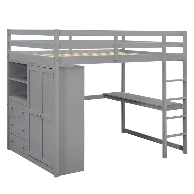 Lit mezzanine en bois double avec armoire, bureau, étagères de rangement et tiroirs intégrés