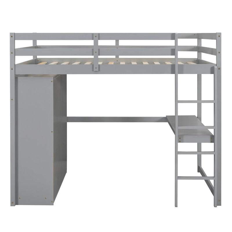 Lit mezzanine en bois double avec armoire, bureau, étagères de rangement et tiroirs intégrés