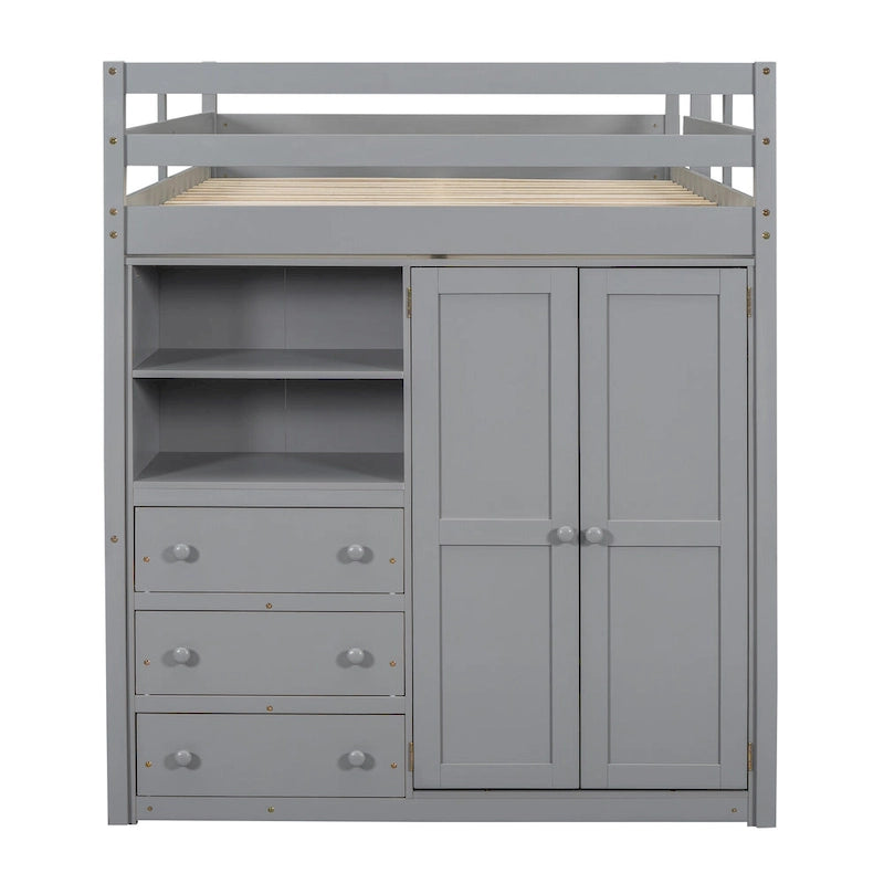 Lit mezzanine en bois double avec armoire, bureau, étagères de rangement et tiroirs intégrés