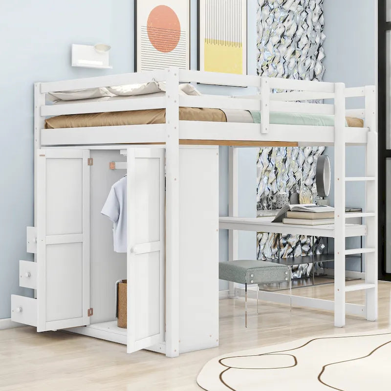 Lit mezzanine en bois double avec armoire, bureau, étagères de rangement et tiroirs intégrés