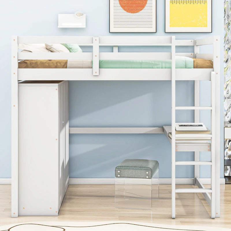 Lit mezzanine en bois double avec armoire, bureau, étagères de rangement et tiroirs intégrés