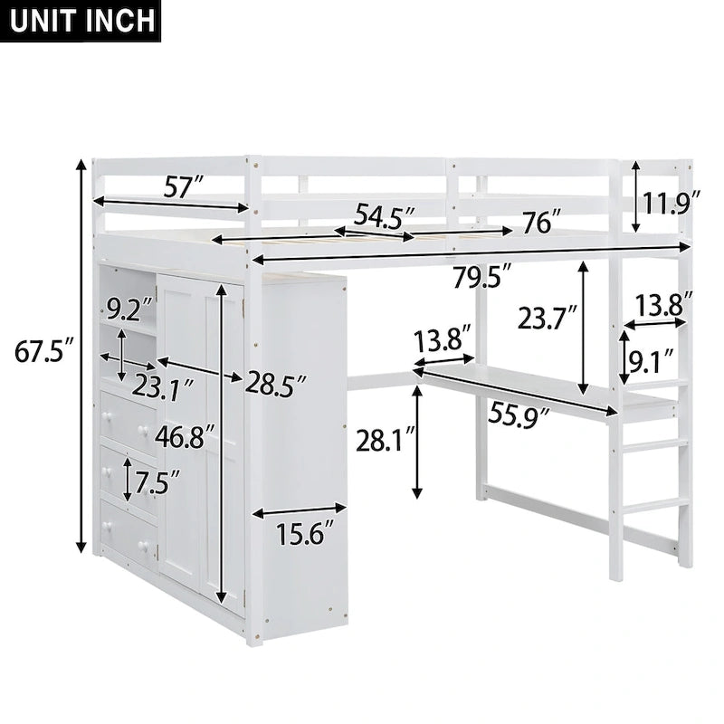 Lit mezzanine en bois double avec armoire, bureau, étagères de rangement et tiroirs intégrés