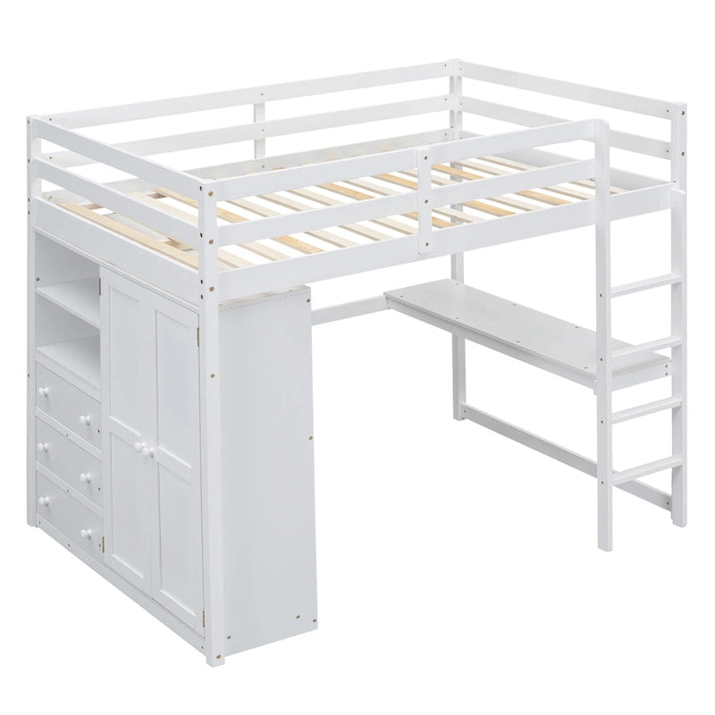 Lit mezzanine en bois double avec armoire, bureau, étagères de rangement et tiroirs intégrés