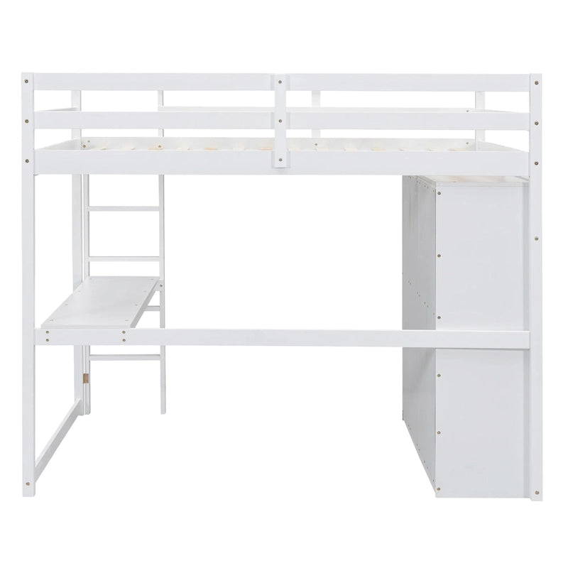 Lit mezzanine en bois double avec armoire, bureau, étagères de rangement et tiroirs intégrés