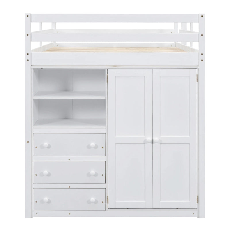 Lit mezzanine en bois double avec armoire, bureau, étagères de rangement et tiroirs intégrés