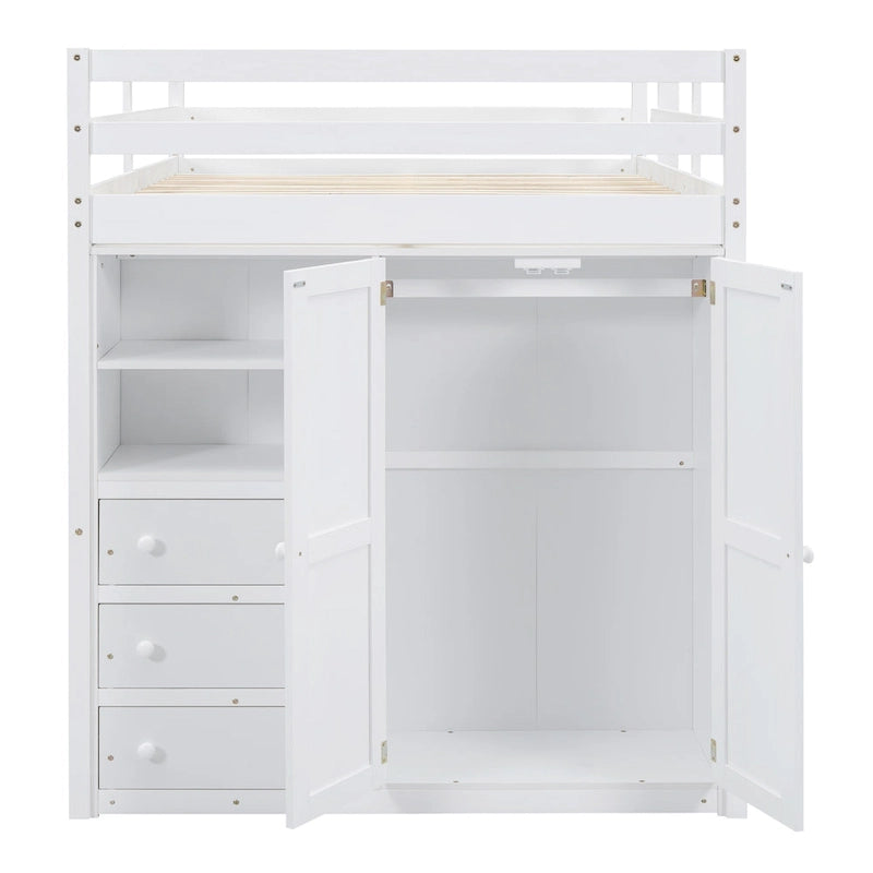 Lit mezzanine en bois double avec armoire, bureau, étagères de rangement et tiroirs intégrés