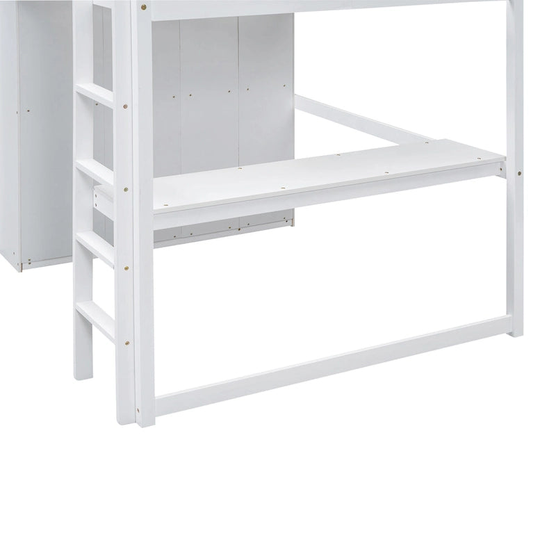 Lit mezzanine en bois double avec armoire, bureau, étagères de rangement et tiroirs intégrés