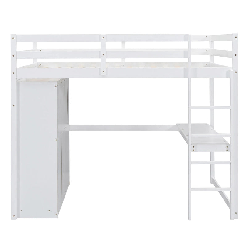 Lit mezzanine en bois double avec armoire, bureau, étagères de rangement et tiroirs intégrés