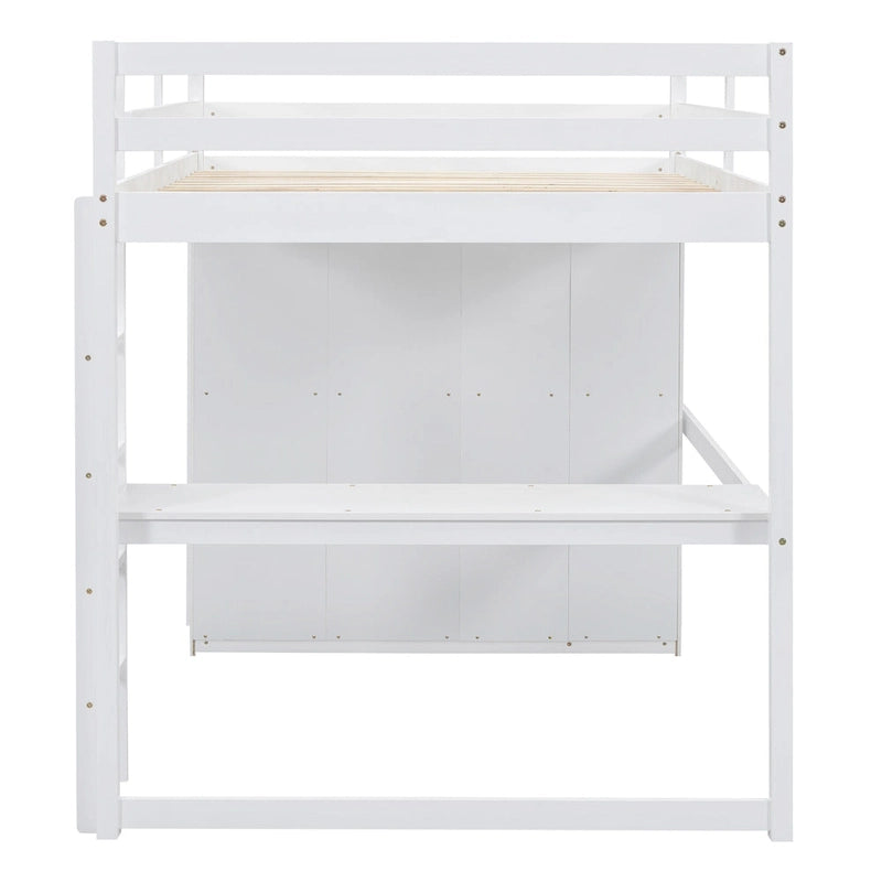 Lit mezzanine en bois double avec armoire, bureau, étagères de rangement et tiroirs intégrés