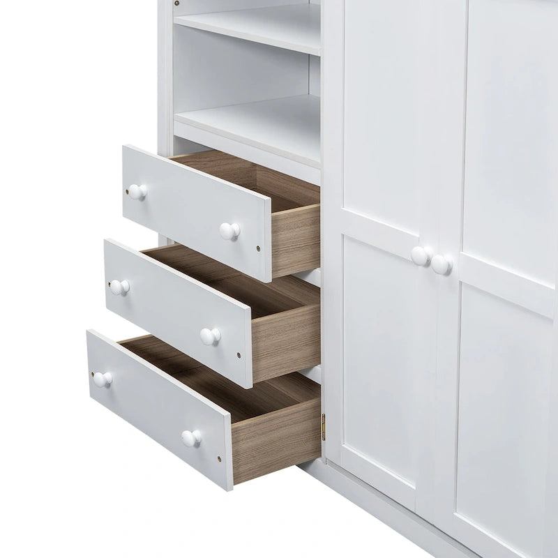 Lit mezzanine en bois double avec armoire, bureau, étagères de rangement et tiroirs intégrés