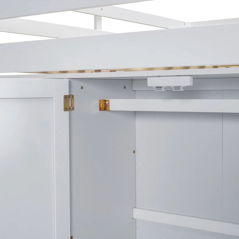 Lit mezzanine en bois double avec armoire, bureau, étagères de rangement et tiroirs intégrés