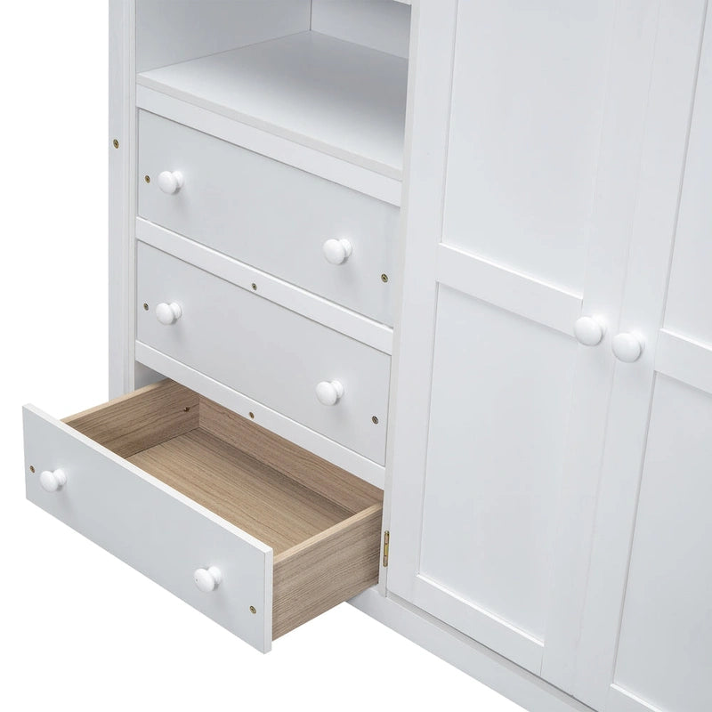 Lit mezzanine en bois double avec armoire, bureau, étagères de rangement et tiroirs intégrés