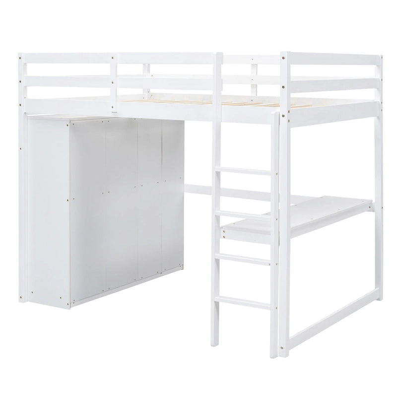 Lit mezzanine en bois double avec armoire, bureau, étagères de rangement et tiroirs intégrés