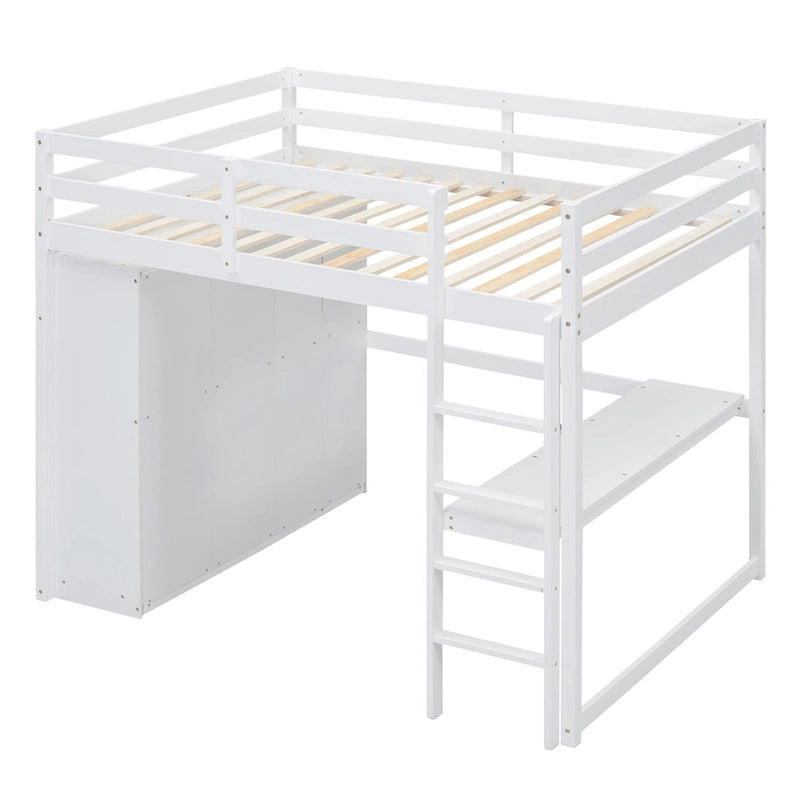 Lit mezzanine en bois double avec armoire, bureau, étagères de rangement et tiroirs intégrés