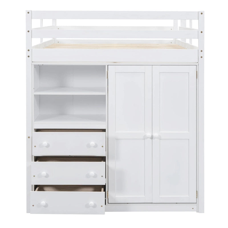 Lit mezzanine en bois double avec armoire, bureau, étagères de rangement et tiroirs intégrés
