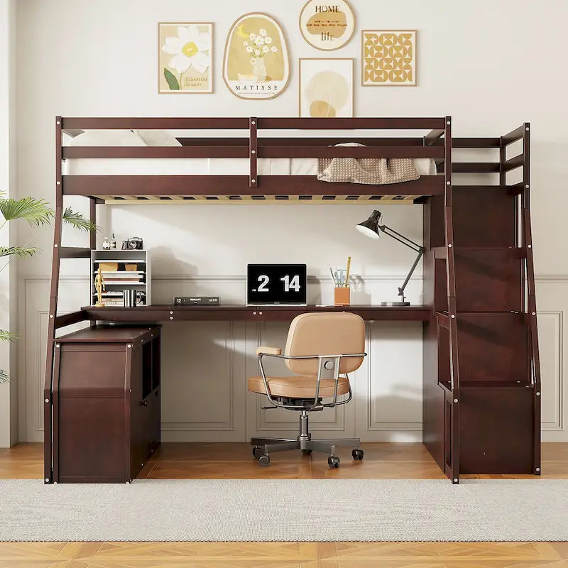 Lit mezzanine pleine grandeur avec 7 tiroirs, 2 étagères et un bureau