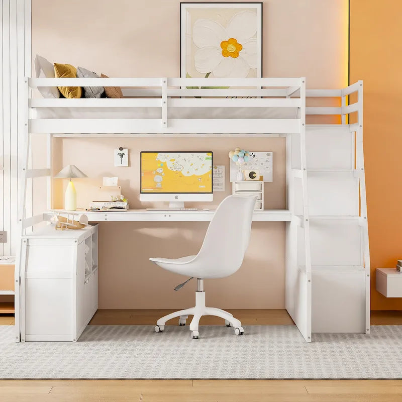 Lit mezzanine pleine grandeur avec 7 tiroirs, 2 étagères et un bureau