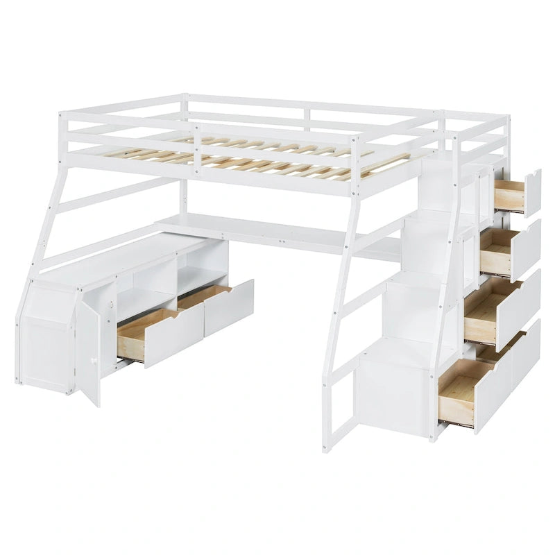 Lit mezzanine pleine grandeur avec 7 tiroirs, 2 étagères et un bureau