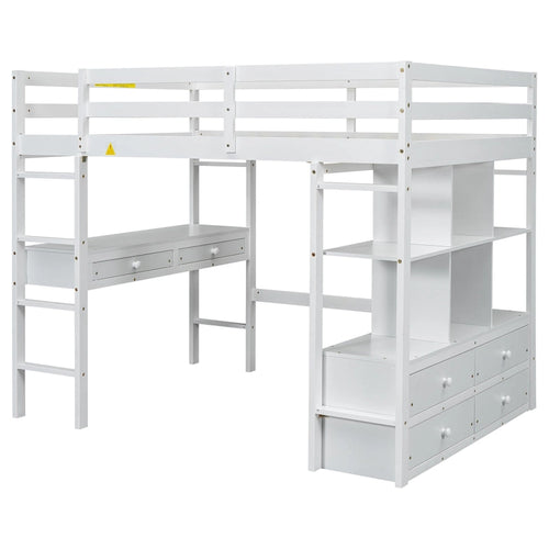 Full Size Loft Bed with Built-in Desk with Two Drawers, and Storage Shelves and Drawers