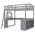 Lit mezzanine en bois massif avec bureau en U, compartiments de rangement et miroir triple.