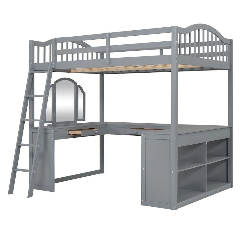 Lit mezzanine en bois massif avec bureau en U, compartiments de rangement et miroir triple.