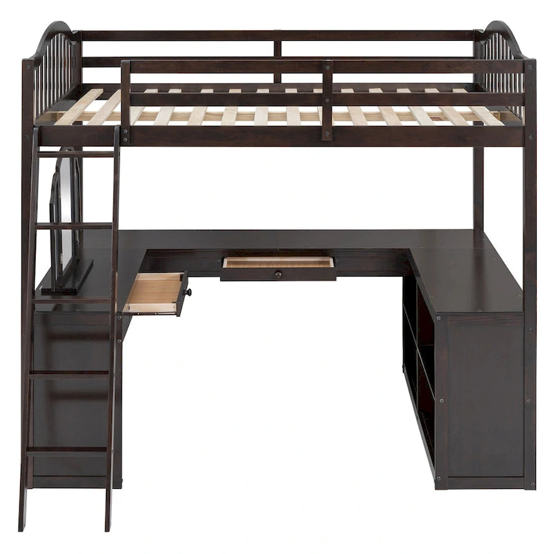 Lit mezzanine en bois massif avec bureau en U, compartiments de rangement et miroir triple.