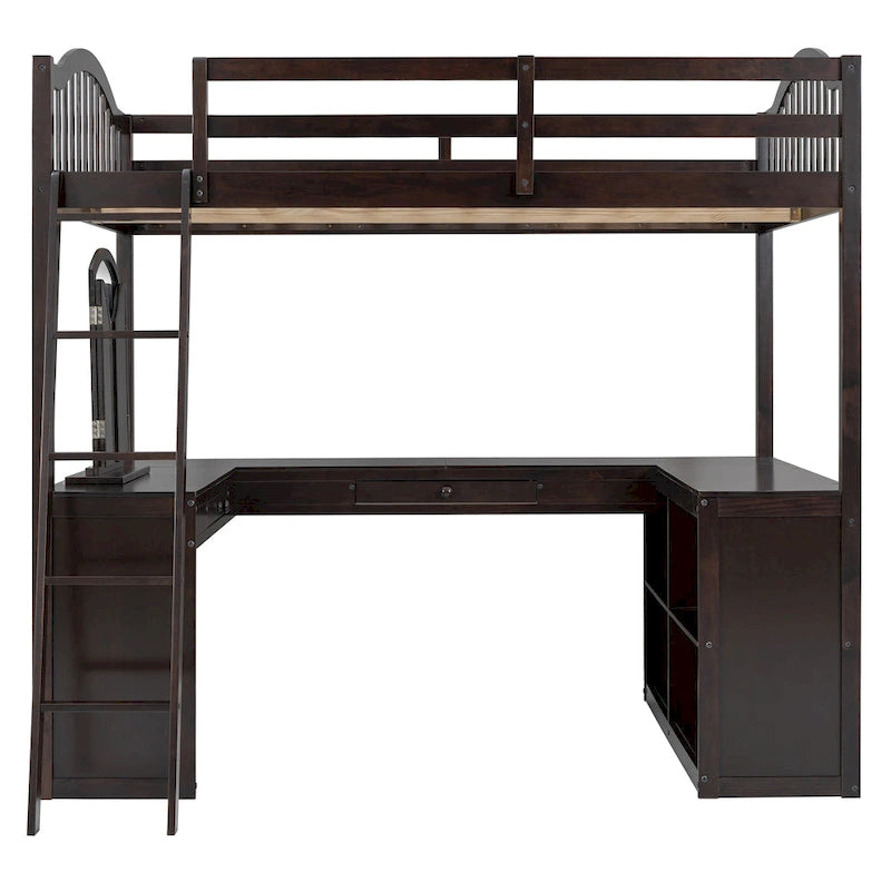 Lit mezzanine en bois massif avec bureau en U, compartiments de rangement et miroir triple.