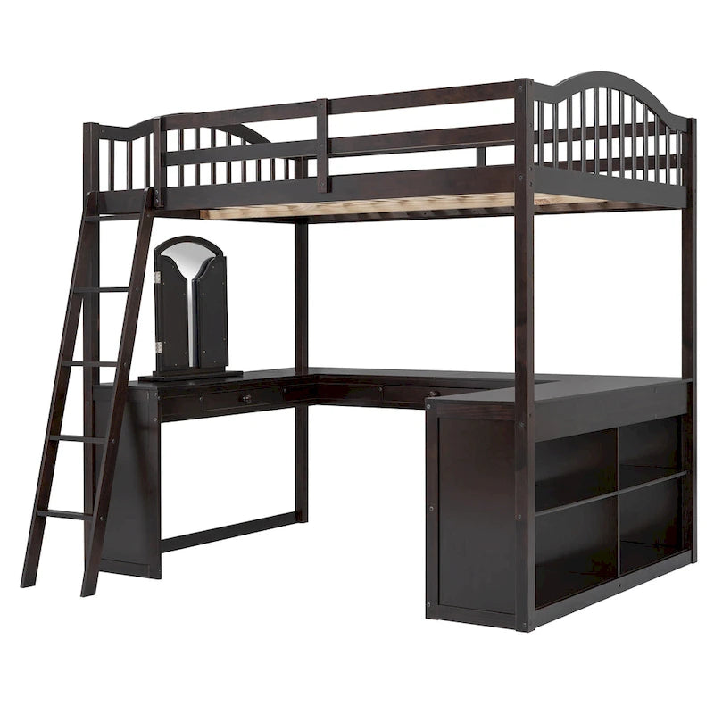 Lit mezzanine en bois massif avec bureau en U, compartiments de rangement et miroir triple.