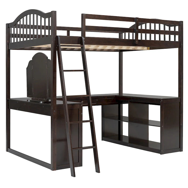 Lit mezzanine en bois massif avec bureau en U, compartiments de rangement et miroir triple.