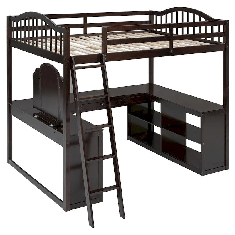 Lit mezzanine en bois massif avec bureau en U, compartiments de rangement et miroir triple.