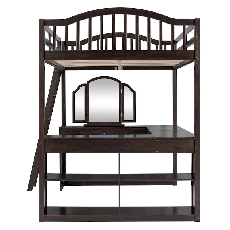 Lit mezzanine en bois massif avec bureau en U, compartiments de rangement et miroir triple.