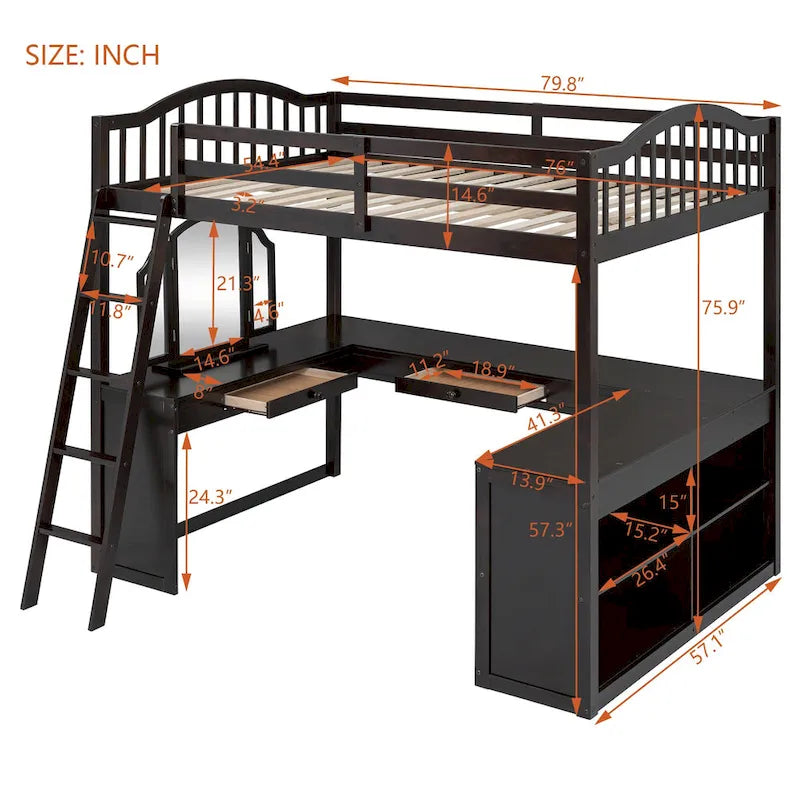 Lit mezzanine en bois massif avec bureau en U, compartiments de rangement et miroir triple.