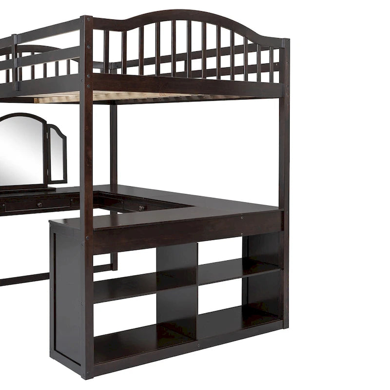 Lit mezzanine en bois massif avec bureau en U, compartiments de rangement et miroir triple.