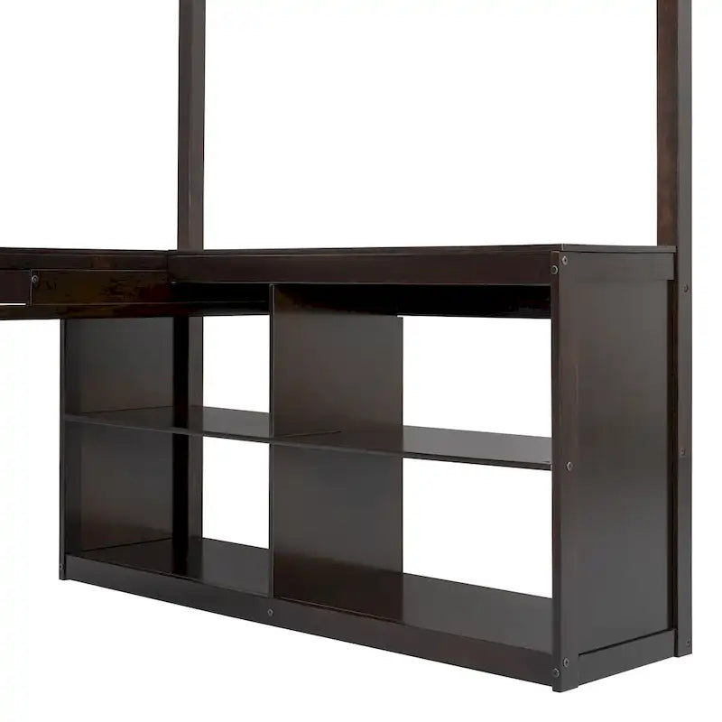 Lit mezzanine en bois massif avec bureau en U, compartiments de rangement et miroir triple.