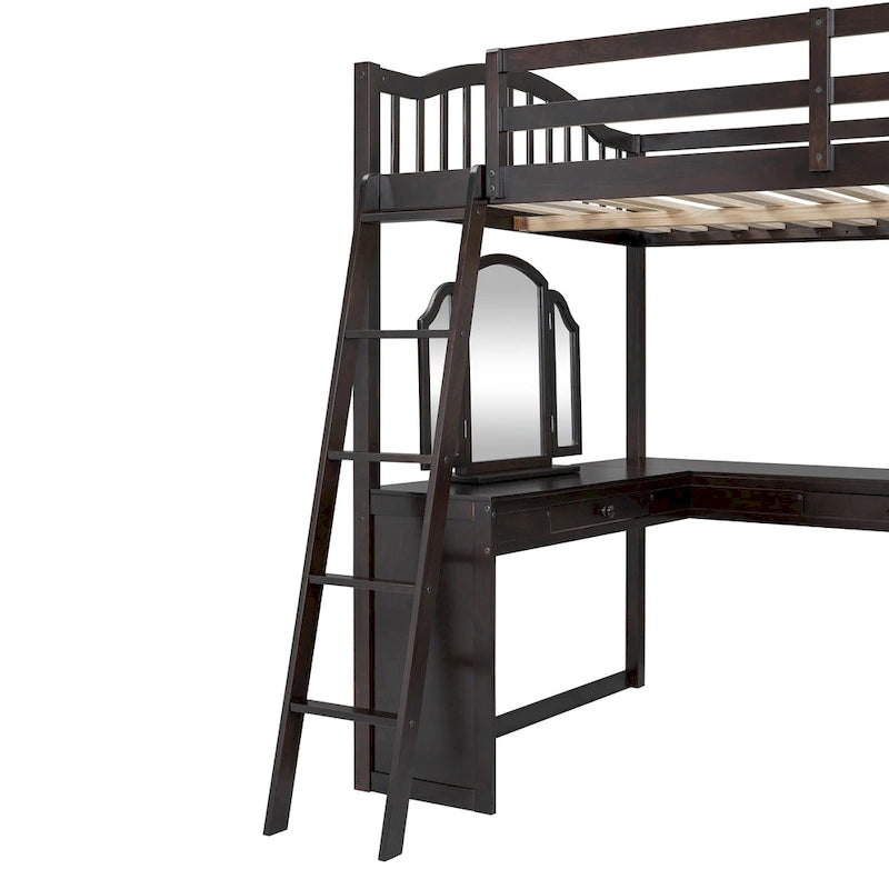 Lit mezzanine en bois massif avec bureau en U, compartiments de rangement et miroir triple.
