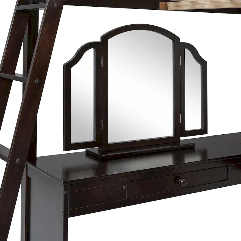 Lit mezzanine en bois massif avec bureau en U, compartiments de rangement et miroir triple.