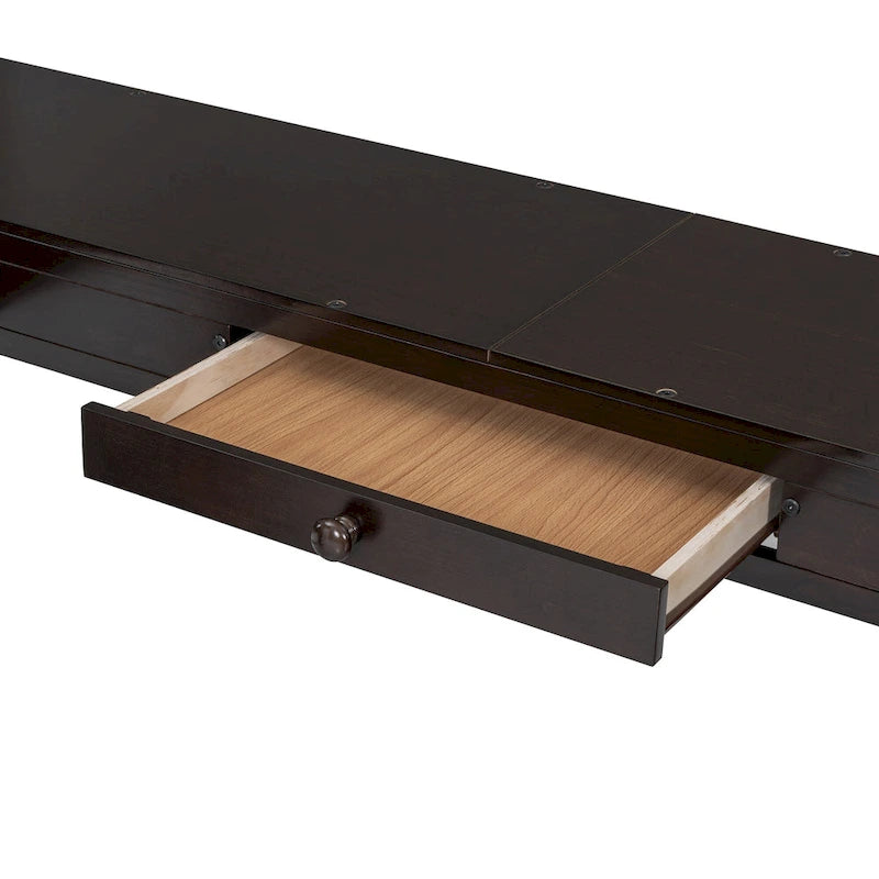 Lit mezzanine en bois massif avec bureau en U, compartiments de rangement et miroir triple.