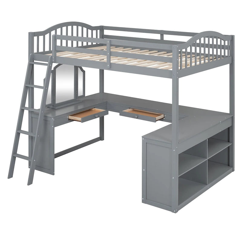 Lit mezzanine en bois massif avec bureau en U, compartiments de rangement et miroir triple.